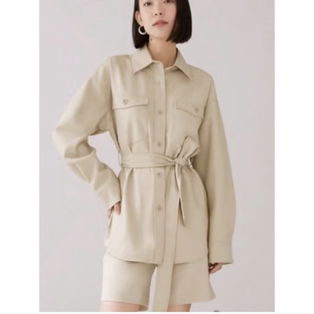 Babaton Ava Belted Vegan Leather Oversized Shacket In Sand White XS Quiet Luxury